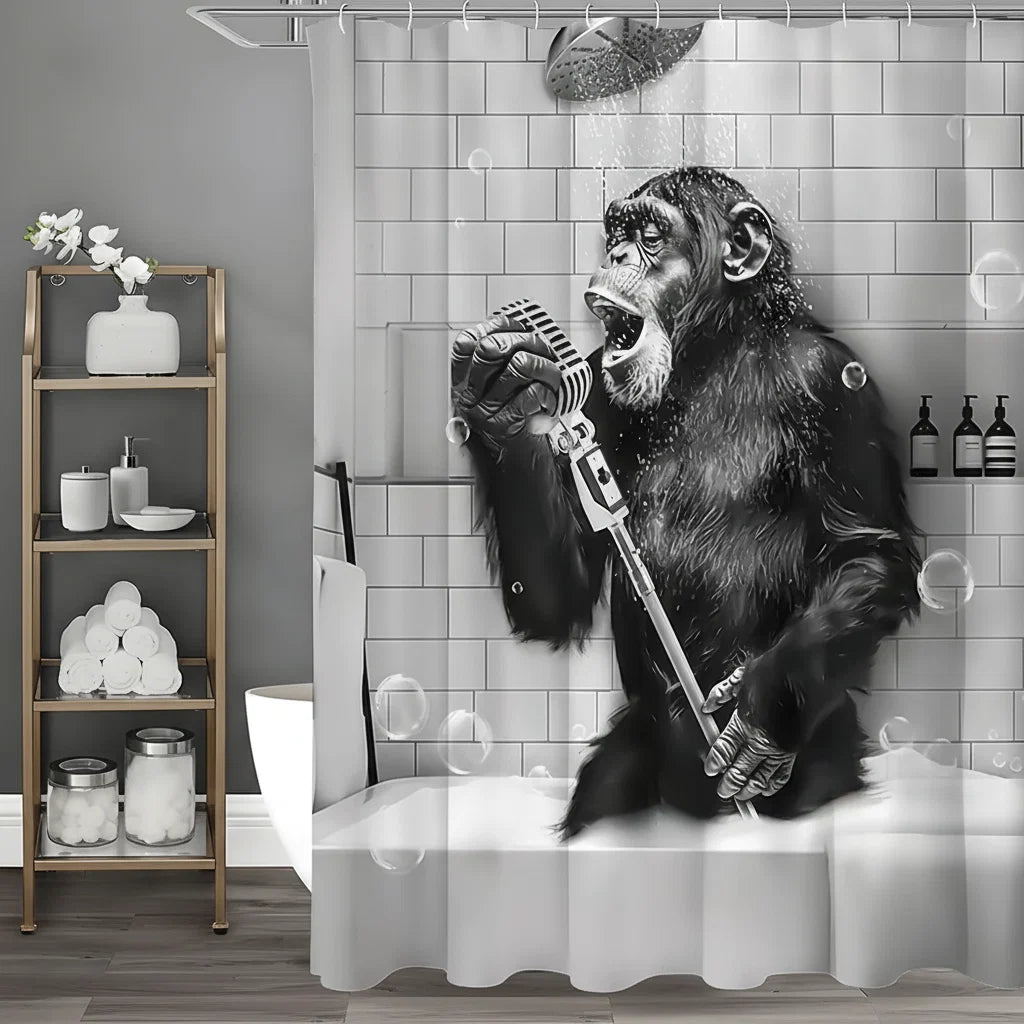 Shower Curtain Black & White Monkey Print Water-Repellent