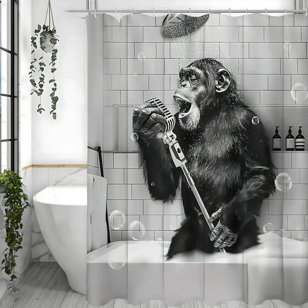 Shower Curtain Black & White Monkey Print Water-Repellent