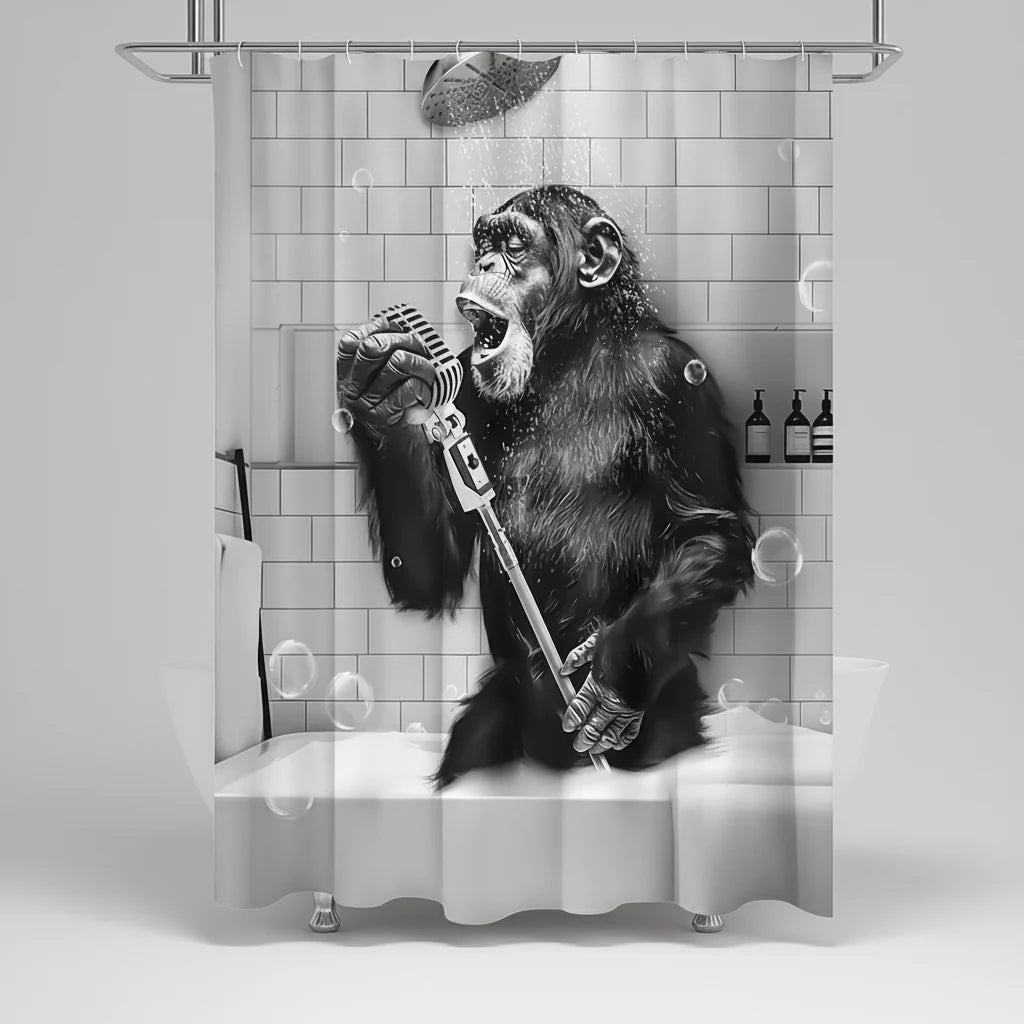 Shower Curtain Black & White Monkey Print Water-Repellent