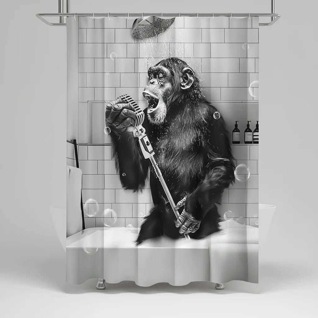 Shower Curtain Black & White Monkey Print Water-Repellent