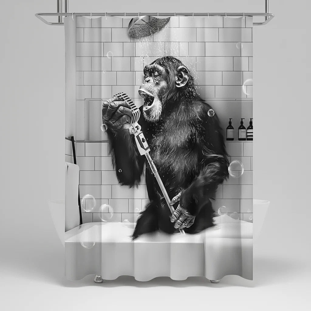 Shower Curtain Black & White Monkey Print Water-Repellent
