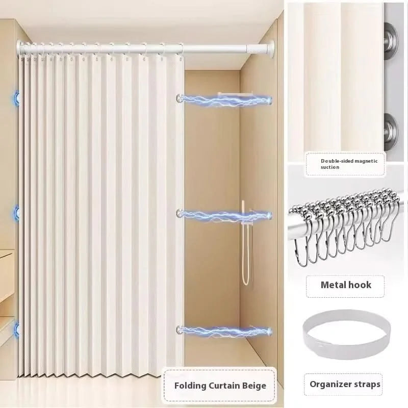 Shower Curtain Foldable & Space-Saving Water-Repellent Tension Rod