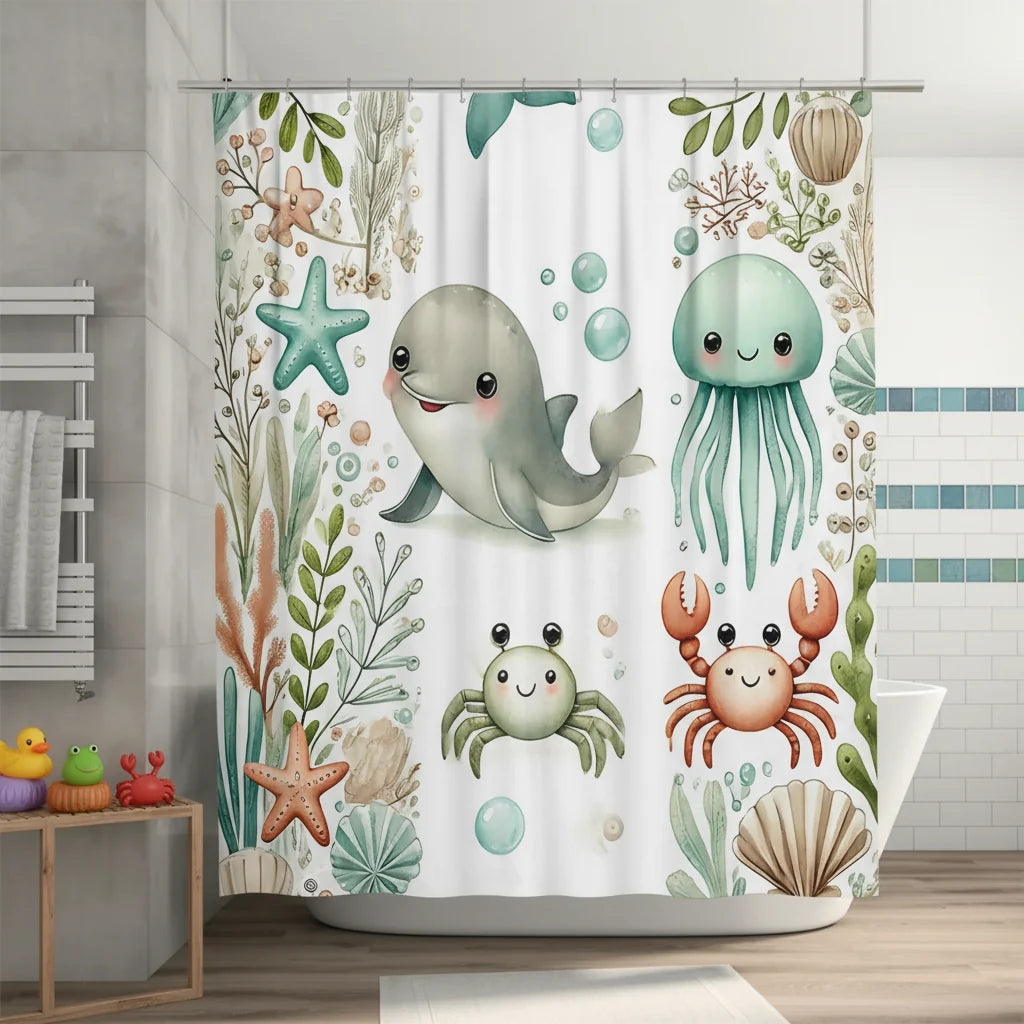 Shower Curtain Kids Marine Print Soft Fabric & Water-Repellent