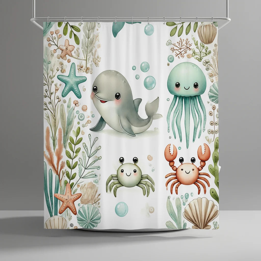 Shower Curtain Kids Marine Print Soft Fabric & Water-Repellent