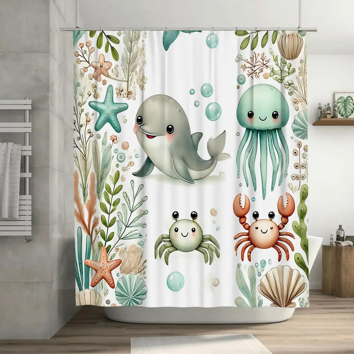Shower Curtain Kids Marine Print Soft Fabric & Water-Repellent