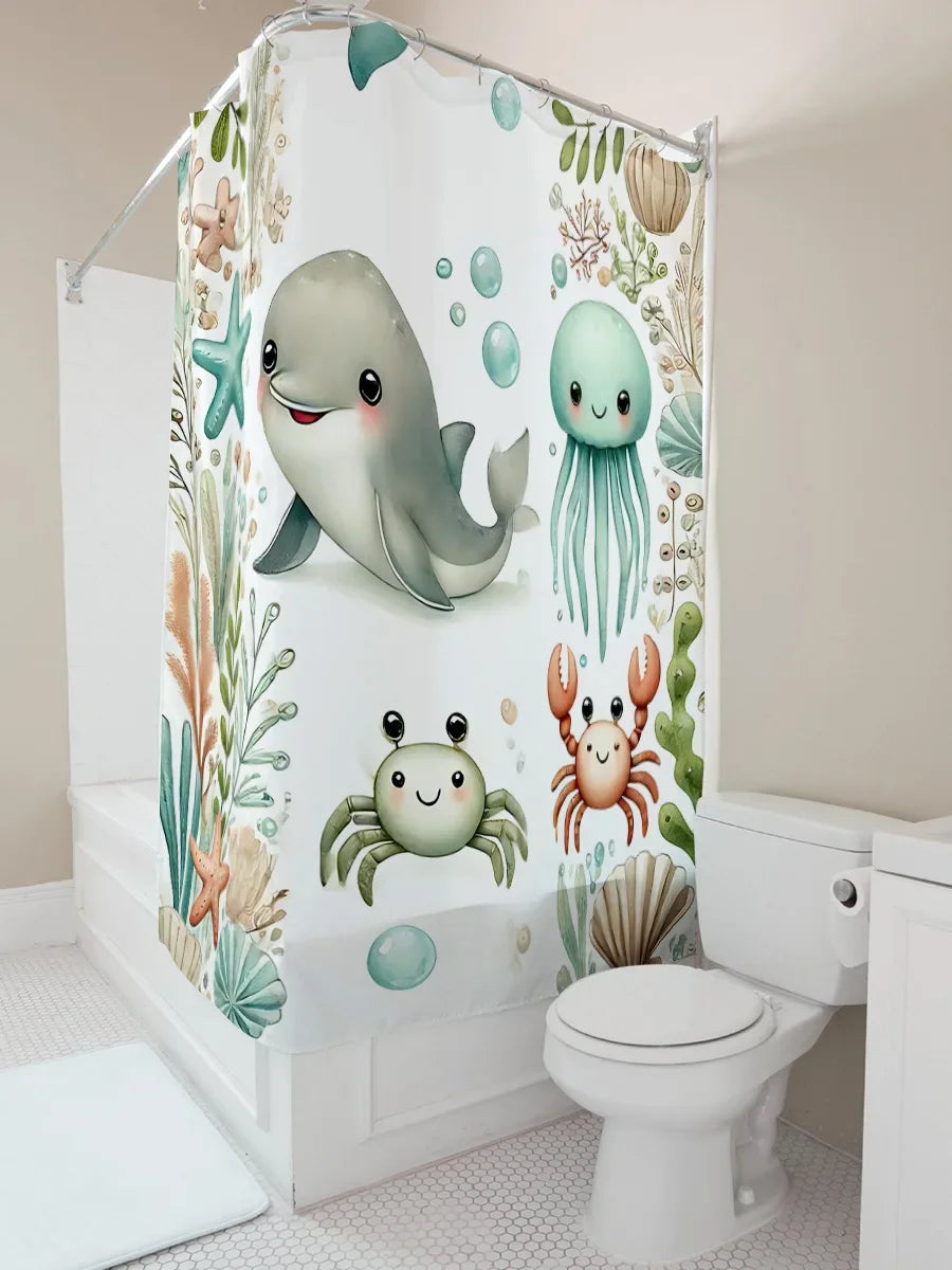Shower Curtain Kids Marine Print Soft Fabric & Water-Repellent