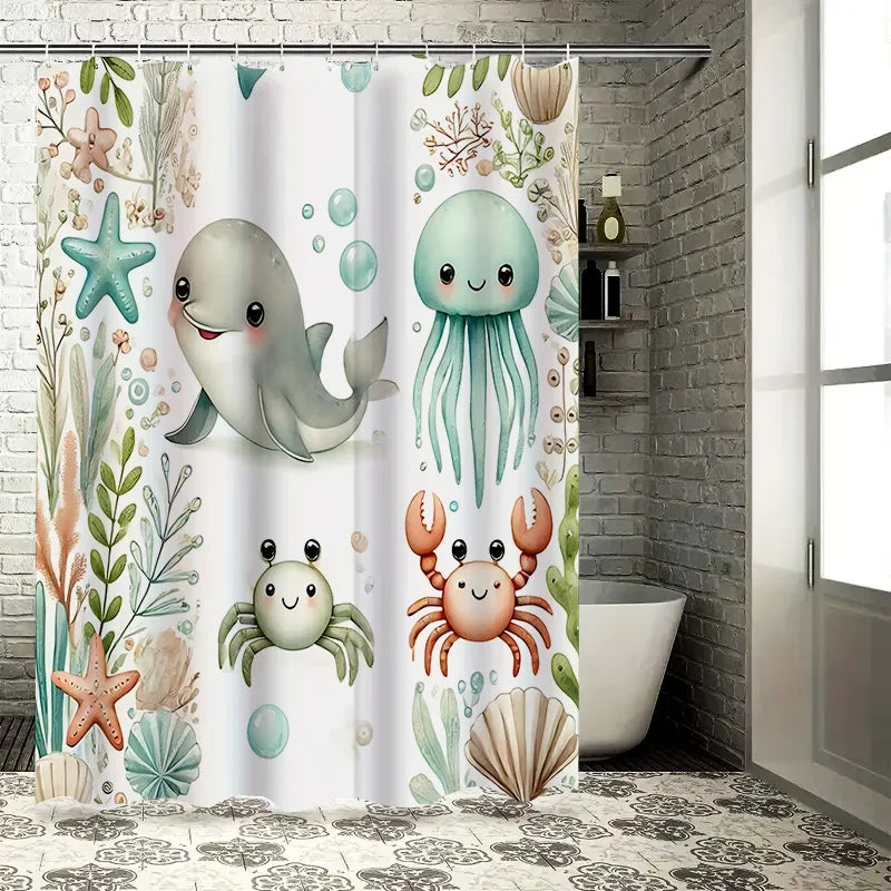 Shower Curtain Kids Marine Print Soft Fabric & Water-Repellent