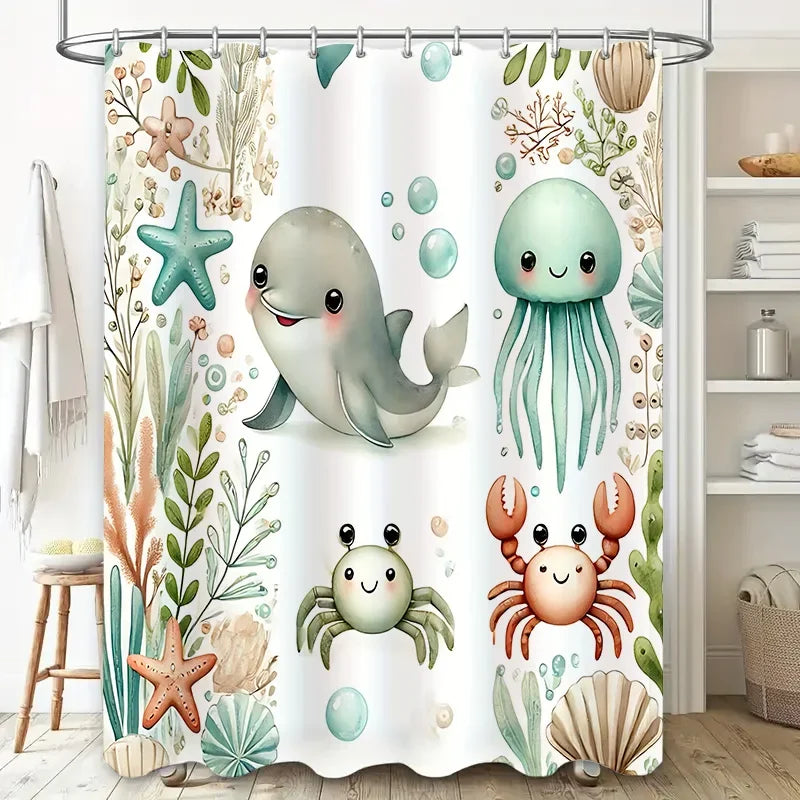 Shower Curtain Kids Marine Print Soft Fabric & Water-Repellent