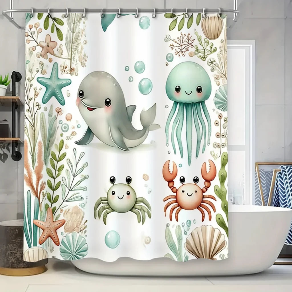 Shower Curtain Kids Marine Print Soft Fabric & Water-Repellent
