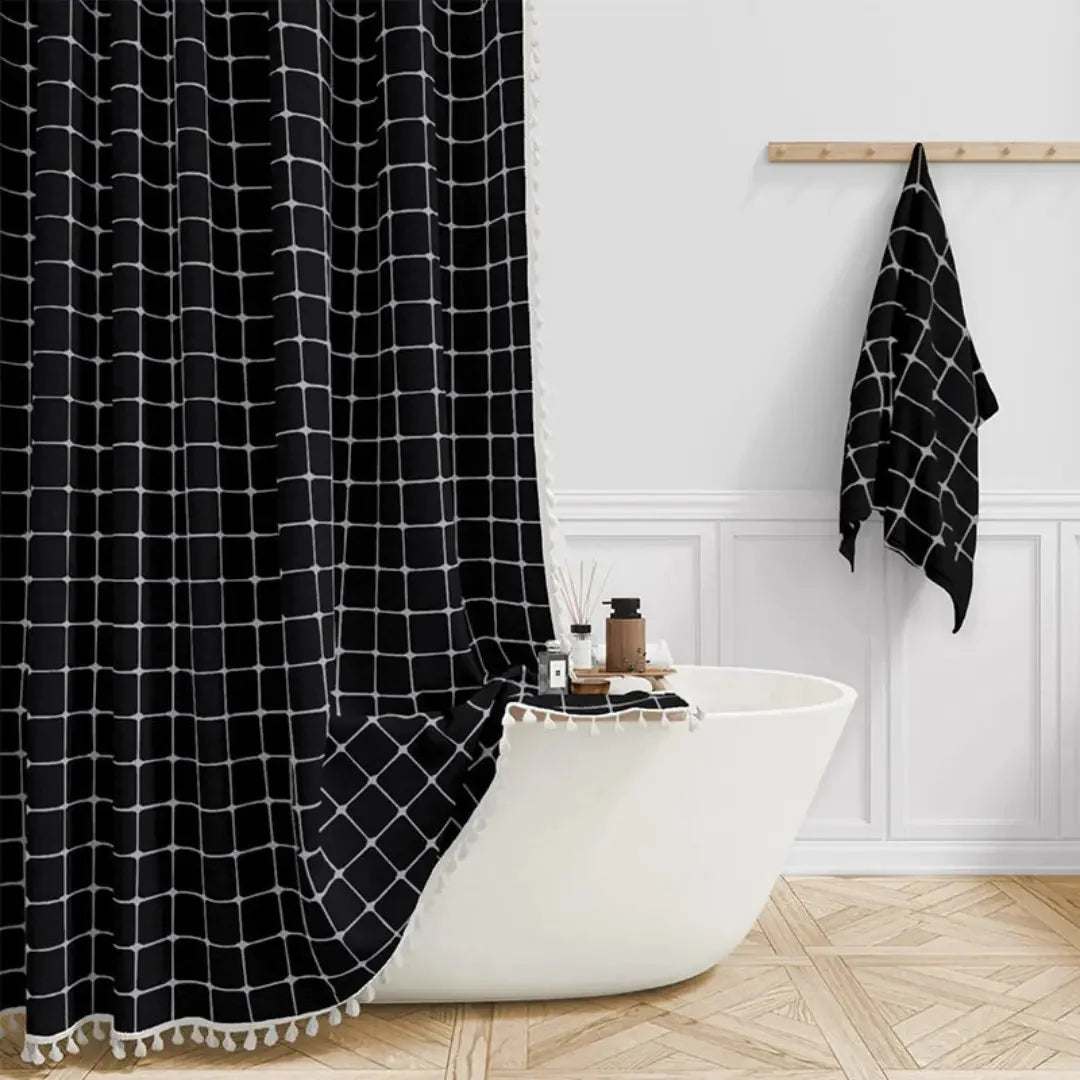 Shower Curtain Linen-Textured Jacquard Tassel Trim Waterproof Lined