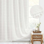 Shower Curtain Linen-Textured Jacquard Tassel Trim Waterproof Lined