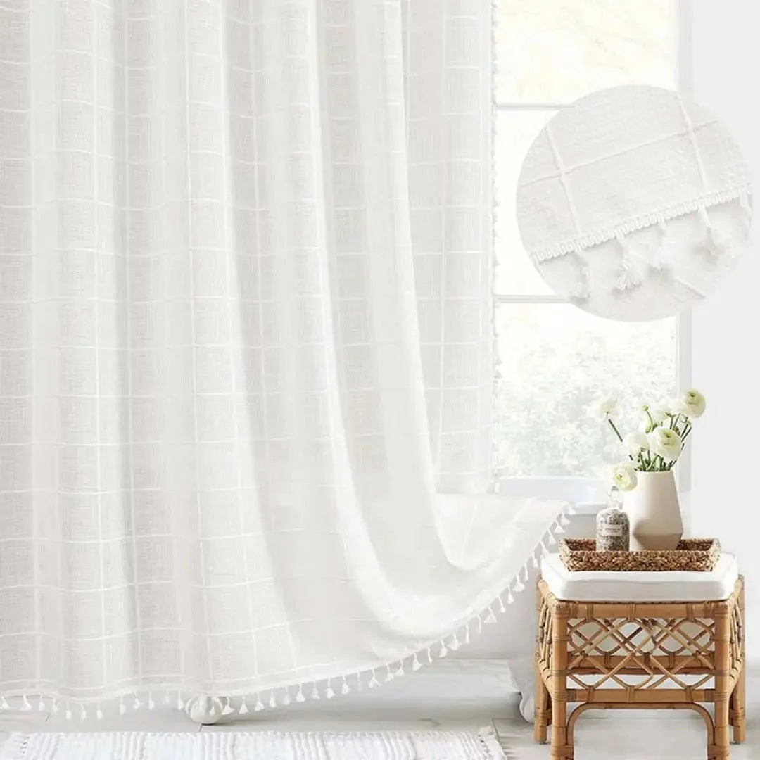 Shower Curtain Linen-Textured Jacquard Tassel Trim Waterproof Lined