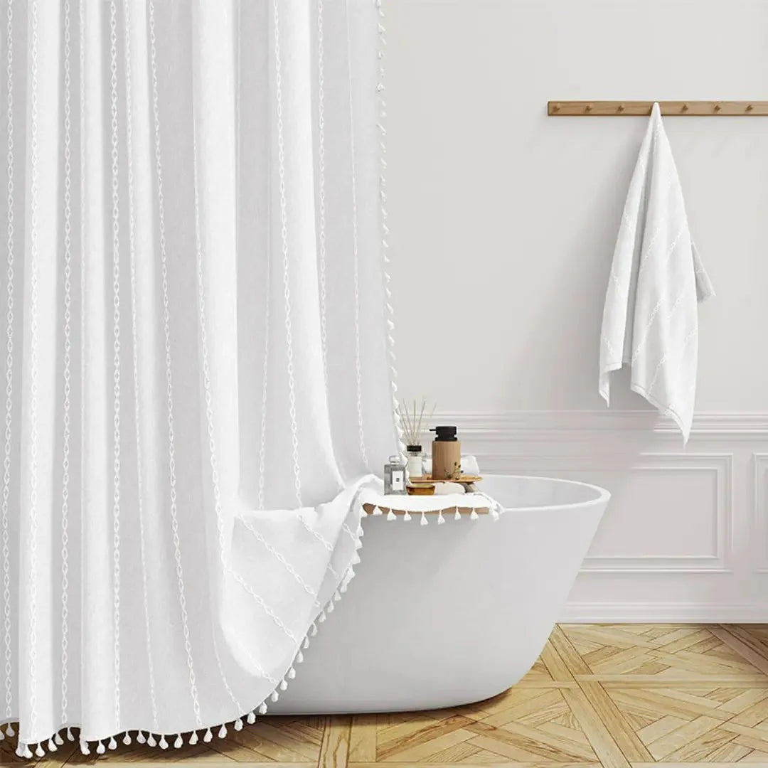 Shower Curtain Linen-Textured Jacquard Tassel Trim Waterproof Lined