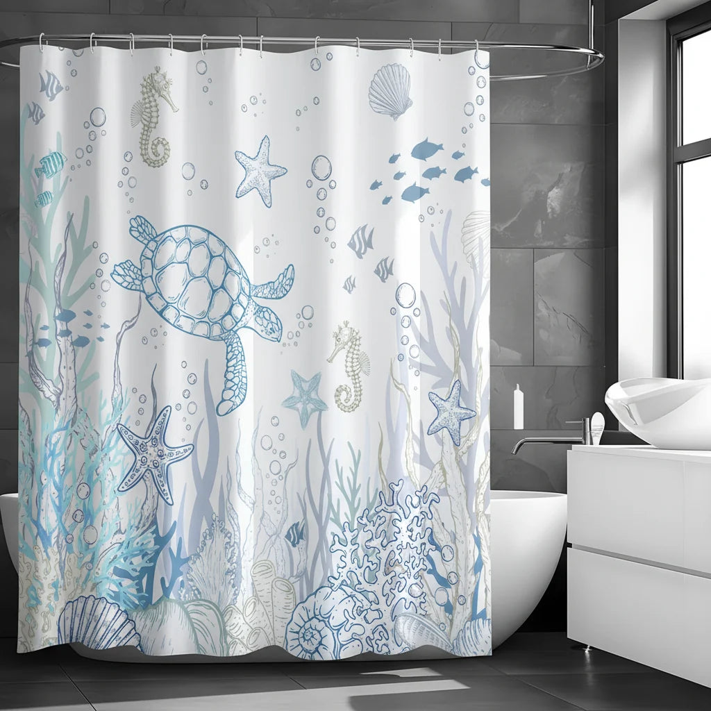 Shower Curtain Turtle & Sea Life Water-Repellent Polyester Machine-Washable
