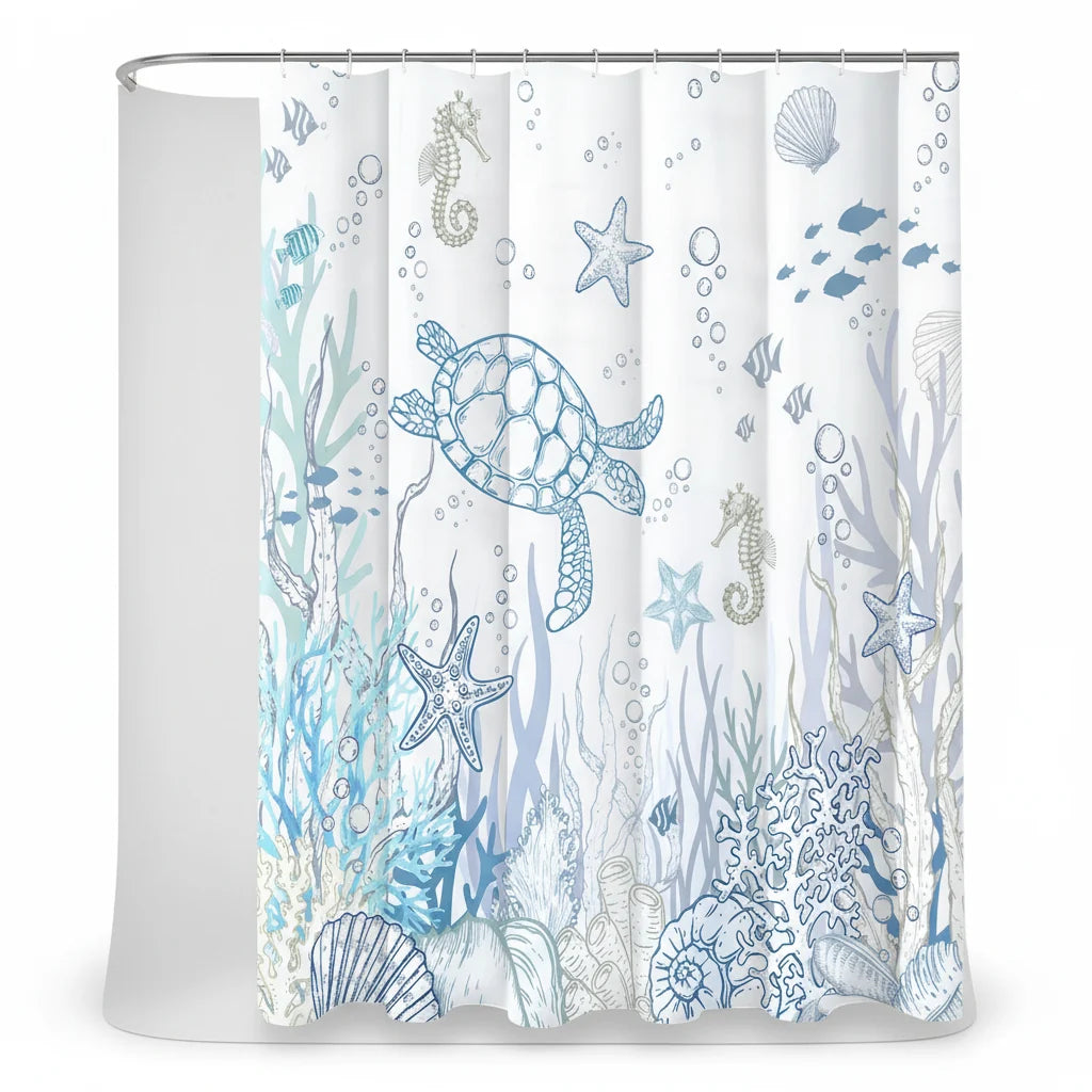 Shower Curtain Turtle & Sea Life Water-Repellent Polyester Machine-Washable