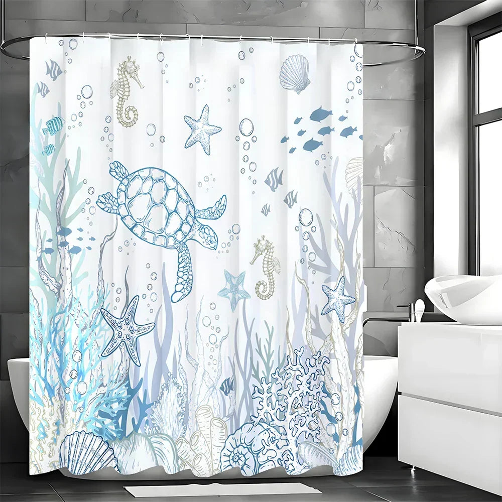 Shower Curtain Turtle & Sea Life Water-Repellent Polyester Machine-Washable