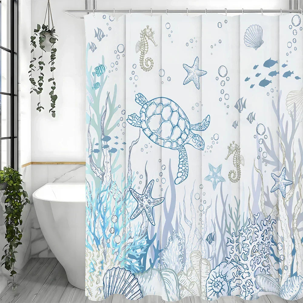 Shower Curtain Turtle & Sea Life Water-Repellent Polyester Machine-Washable