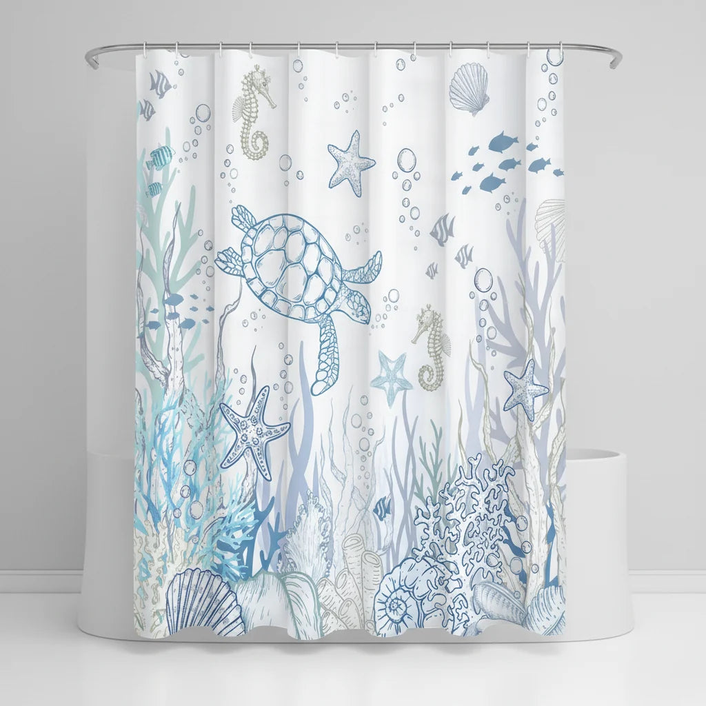 Shower Curtain Turtle & Sea Life Water-Repellent Polyester Machine-Washable