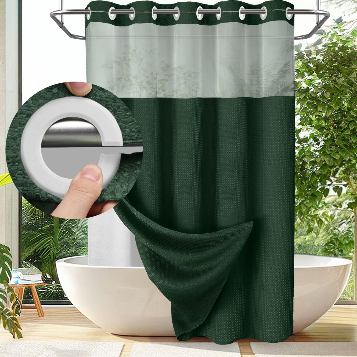 Shower Curtain Waffle Weave Polyester Built-In Snap Liner