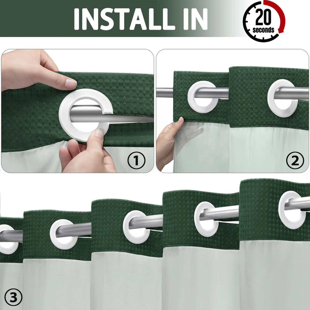 Shower Curtain Waffle Weave Polyester Built-In Snap Liner