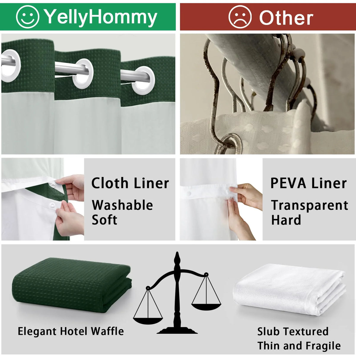 Shower Curtain Waffle Weave Polyester Built-In Snap Liner