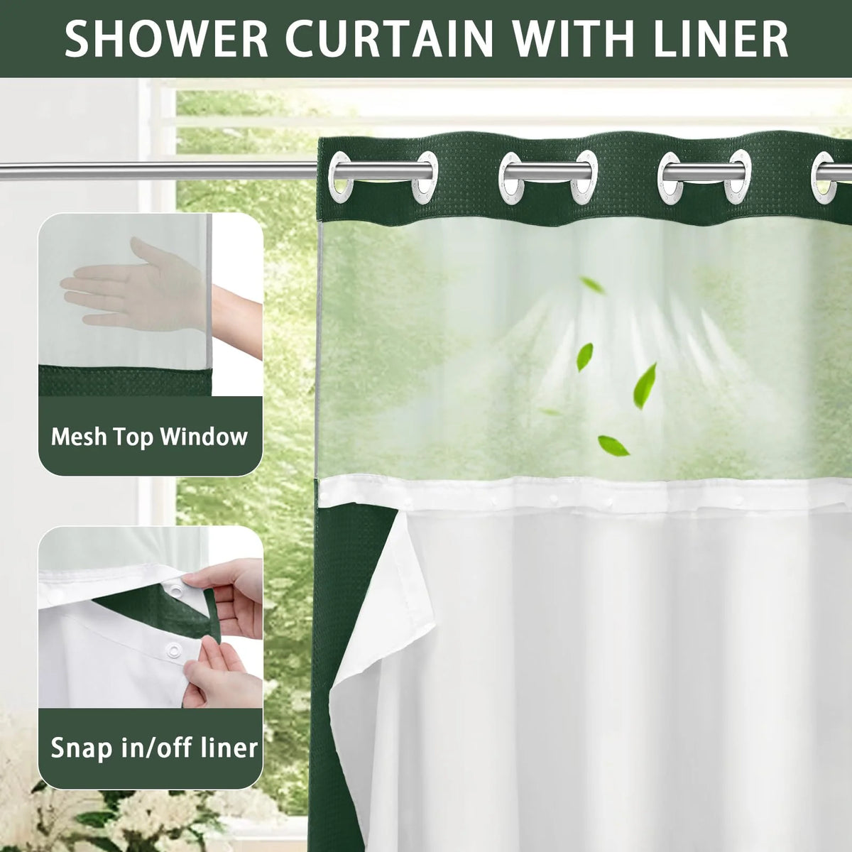 Shower Curtain Waffle Weave Polyester Built-In Snap Liner