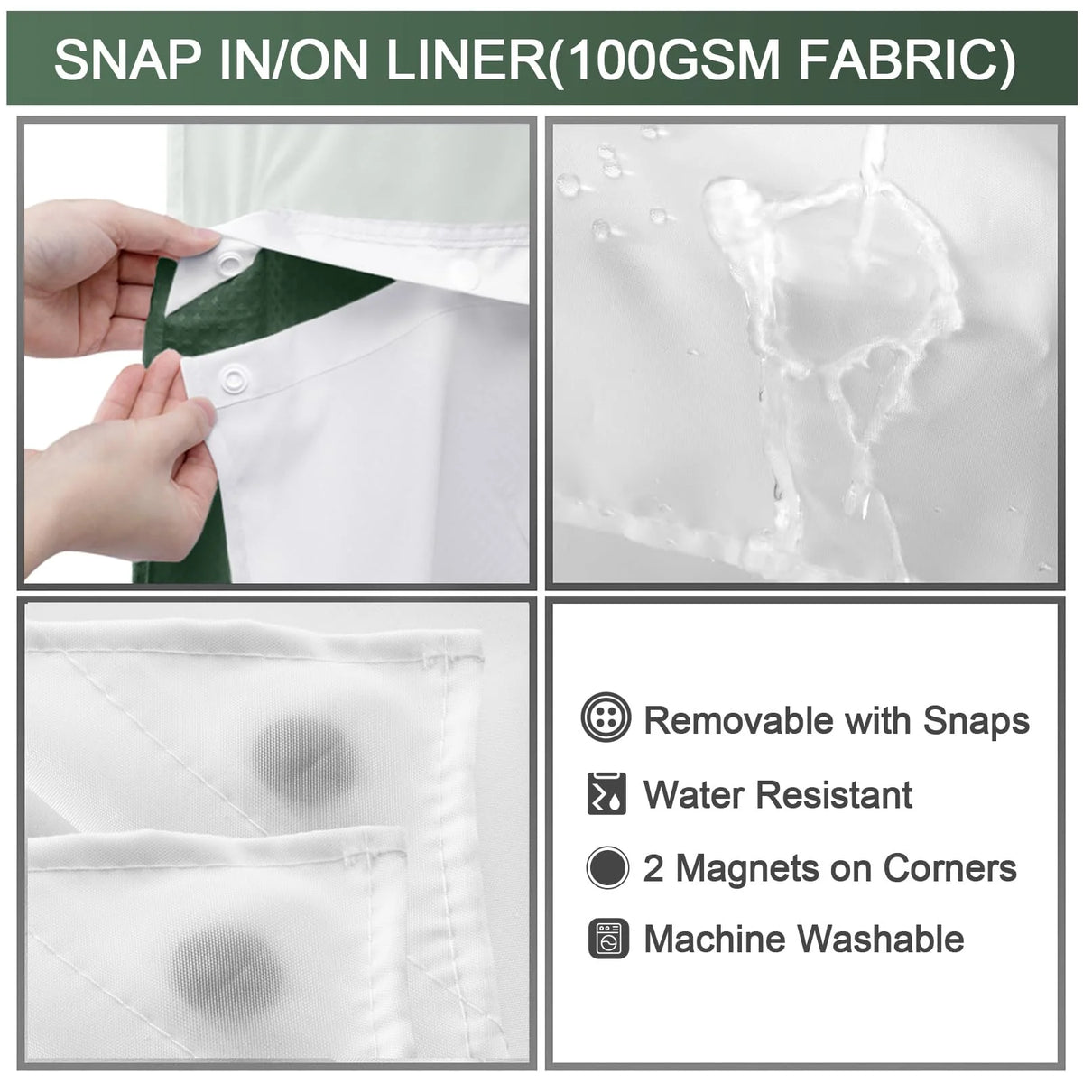 Shower Curtain Waffle Weave Polyester Built-In Snap Liner