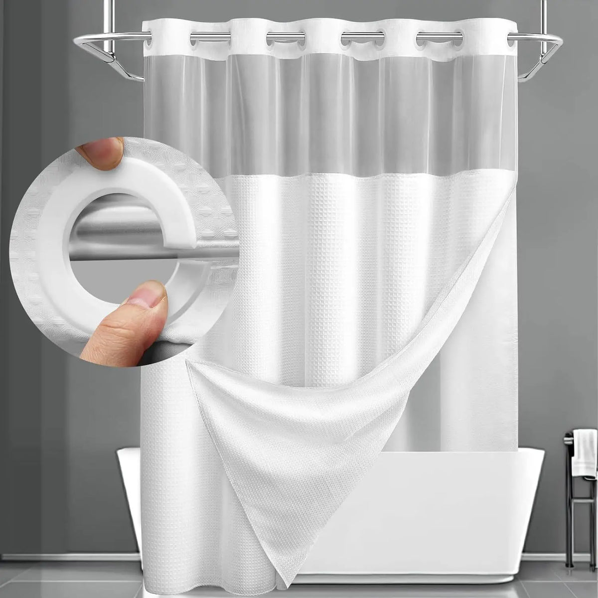 Shower Curtain Waffle Weave Polyester Built-In Snap Liner