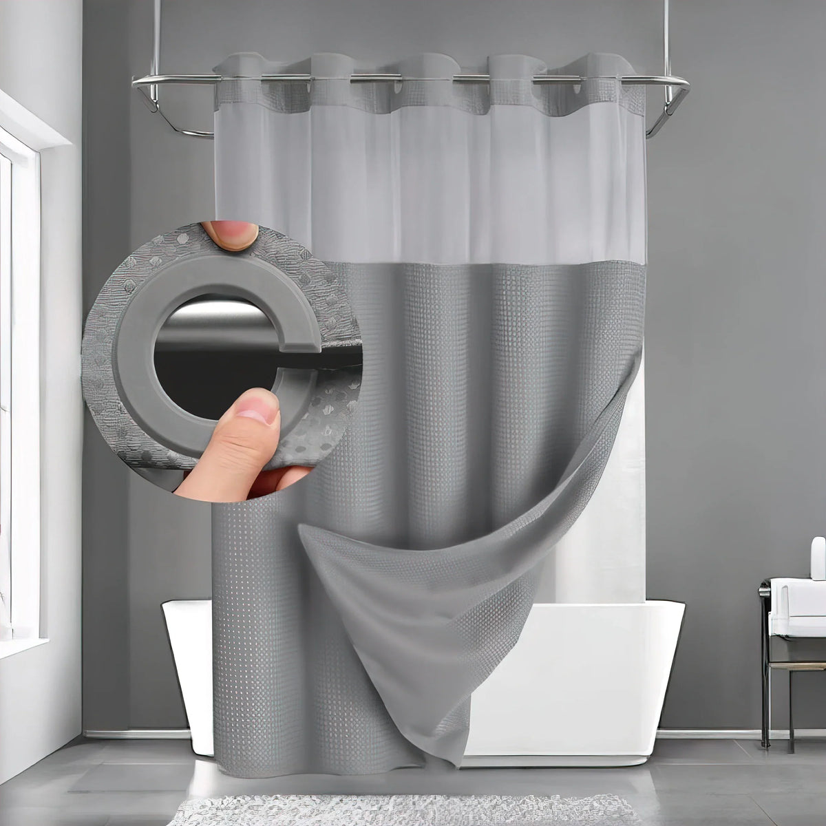 Shower Curtain Waffle Weave Polyester Built-In Snap Liner