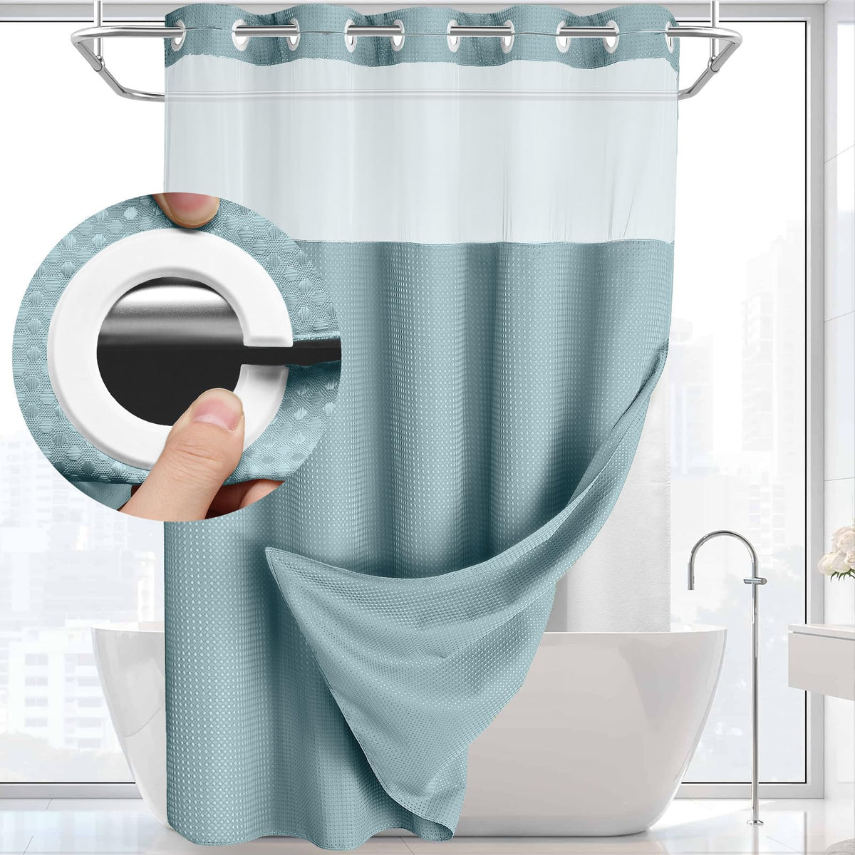 Shower Curtain Waffle Weave Polyester Built-In Snap Liner