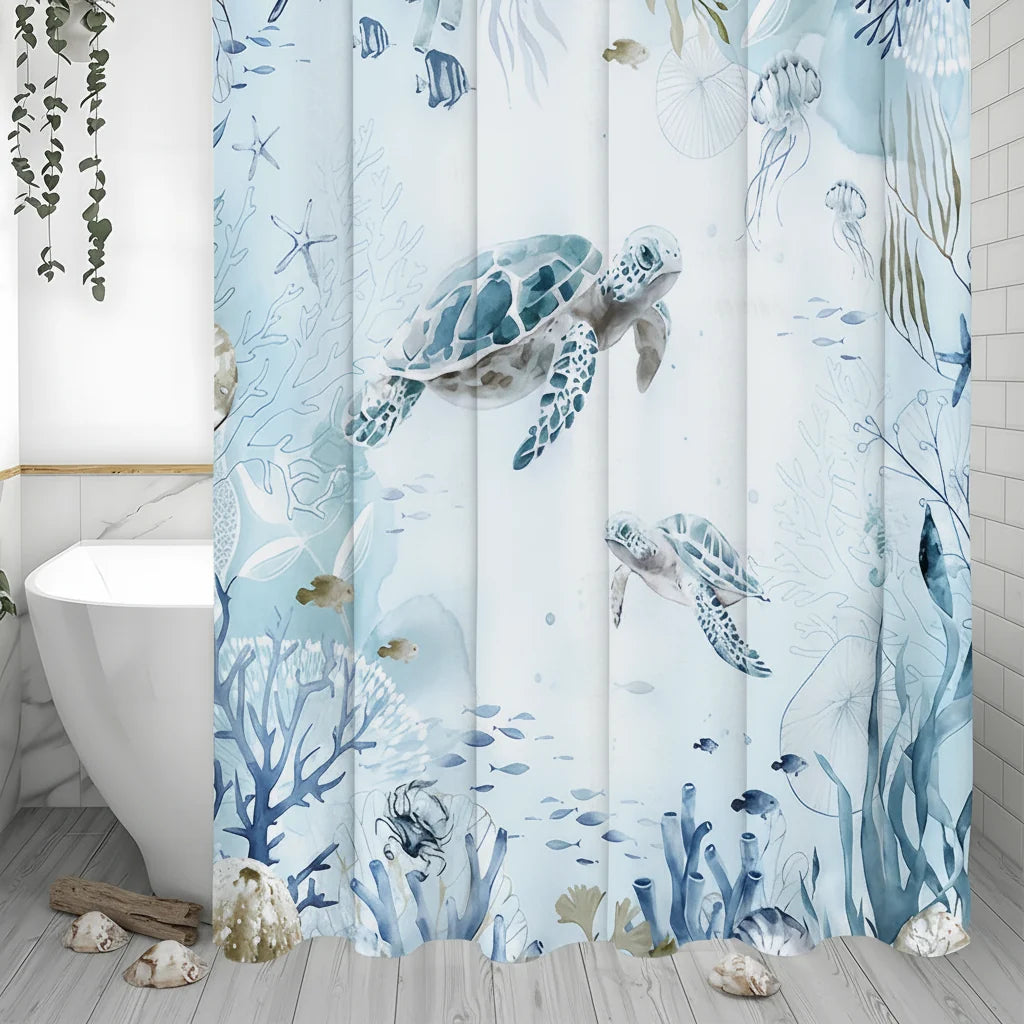 Shower Curtain Water-Repellent Polyester Coastal Watercolor Sea Creatures