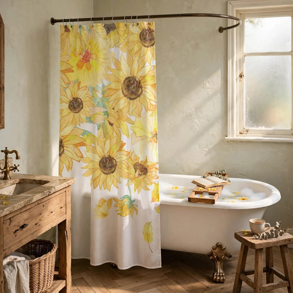 Shower Curtain Waterproof Rustic Sunflower Design
