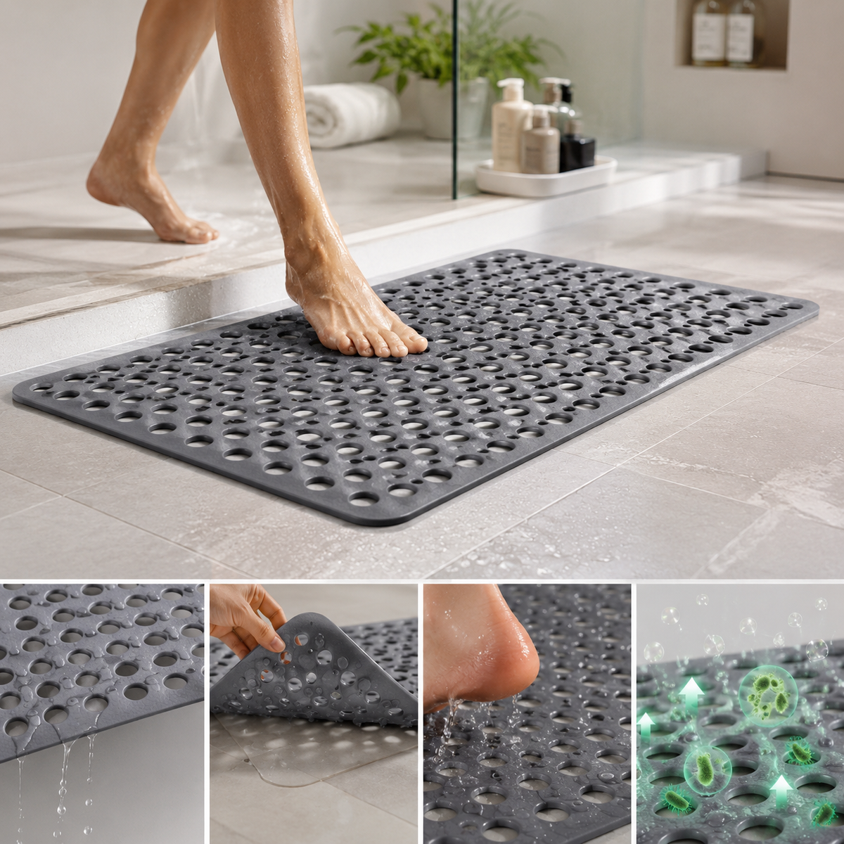 Shower Mat Non-Slip Suction Cups Mold-Resistant & Antibacterial