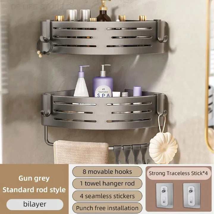 Shower Rack Set Height-Adjustable Aluminum Draining Shelves No-Drill
