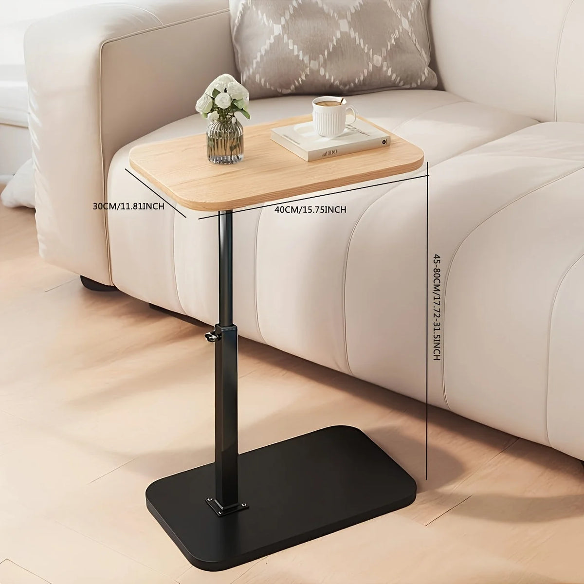 Side Table Adjustable Height Wood Top & Metal Base