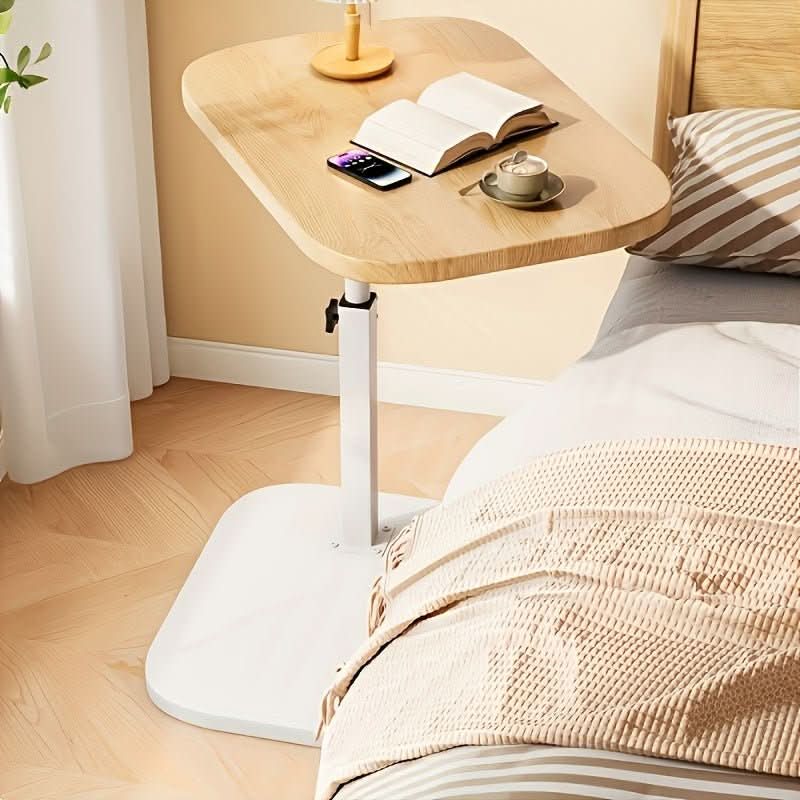 Side Table C-Shaped Adjustable Height Natural Wood Top