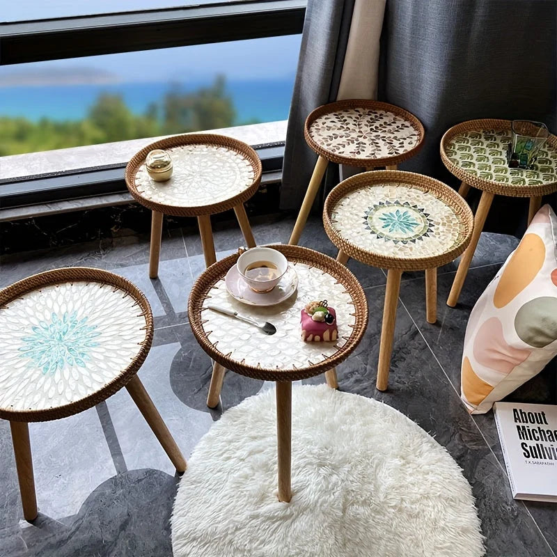 Side Table Scandinavian Tripod Base Wood & Rattan