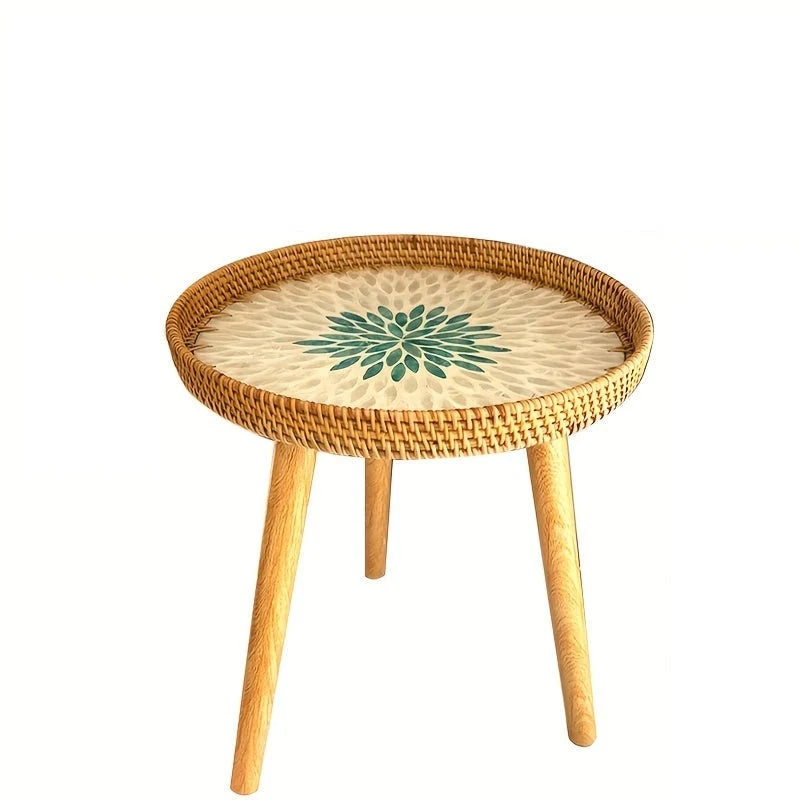 Side Table Scandinavian Tripod Base Wood & Rattan
