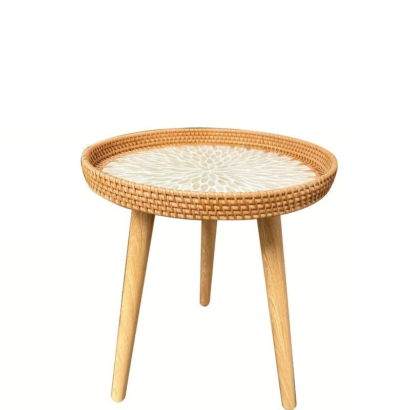Side Table Scandinavian Tripod Base Wood & Rattan
