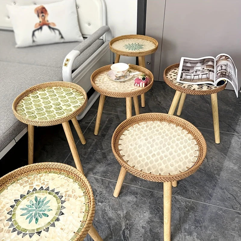 Side Table Scandinavian Tripod Base Wood & Rattan