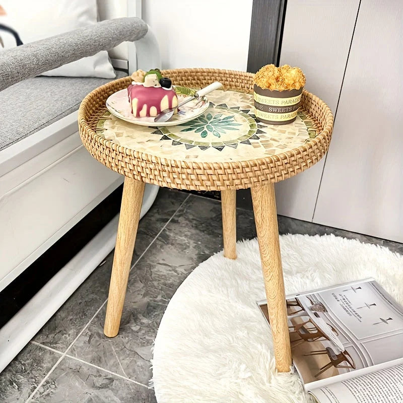 Side Table Scandinavian Tripod Base Wood & Rattan