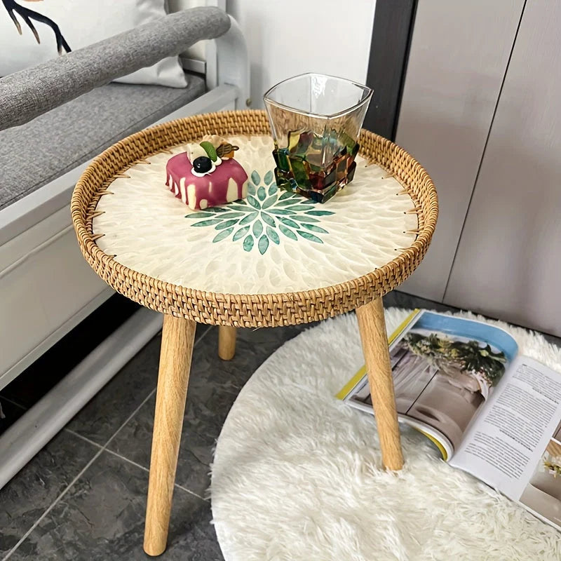Side Table Scandinavian Tripod Base Wood & Rattan