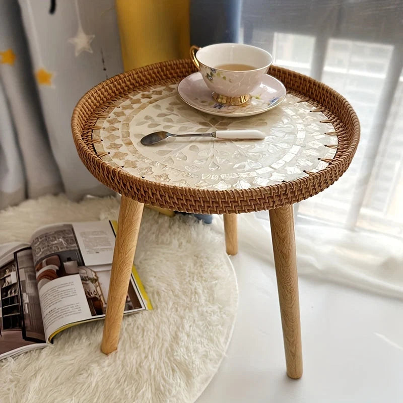 Side Table Scandinavian Tripod Base Wood & Rattan