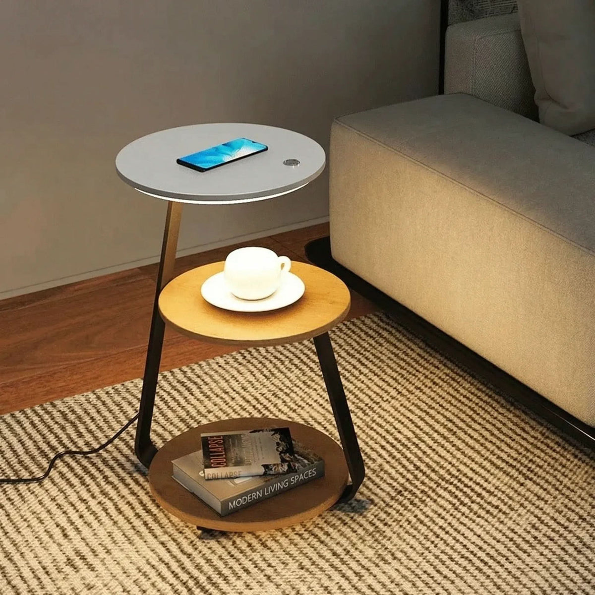 Side Table Wireless Charging & Ambient LED Wood & Metal