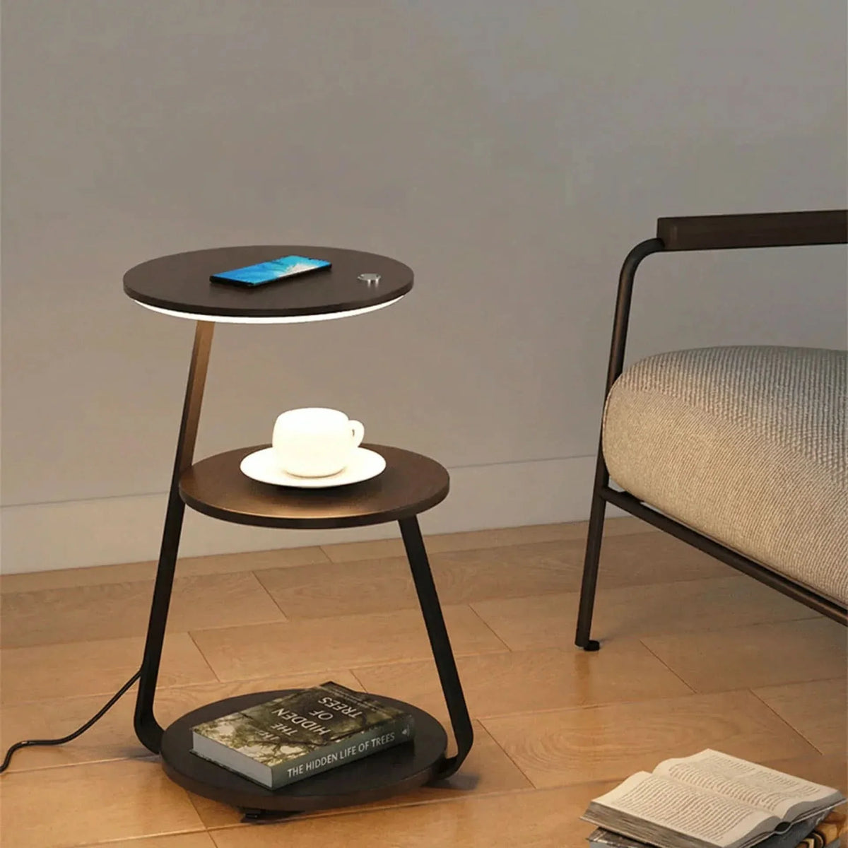 Side Table Wireless Charging & Ambient LED Wood & Metal
