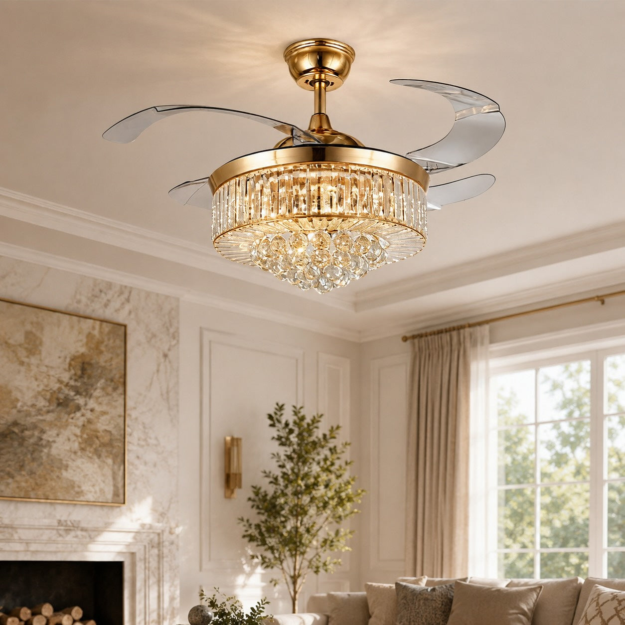 Silent Gold-Plated Crystal Ceiling Fan (Dimmable LED)