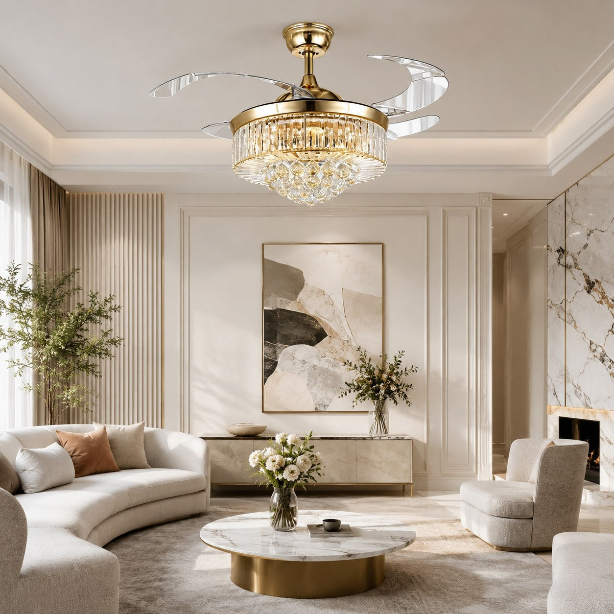 Silent Gold-Plated Crystal Ceiling Fan (Dimmable LED)