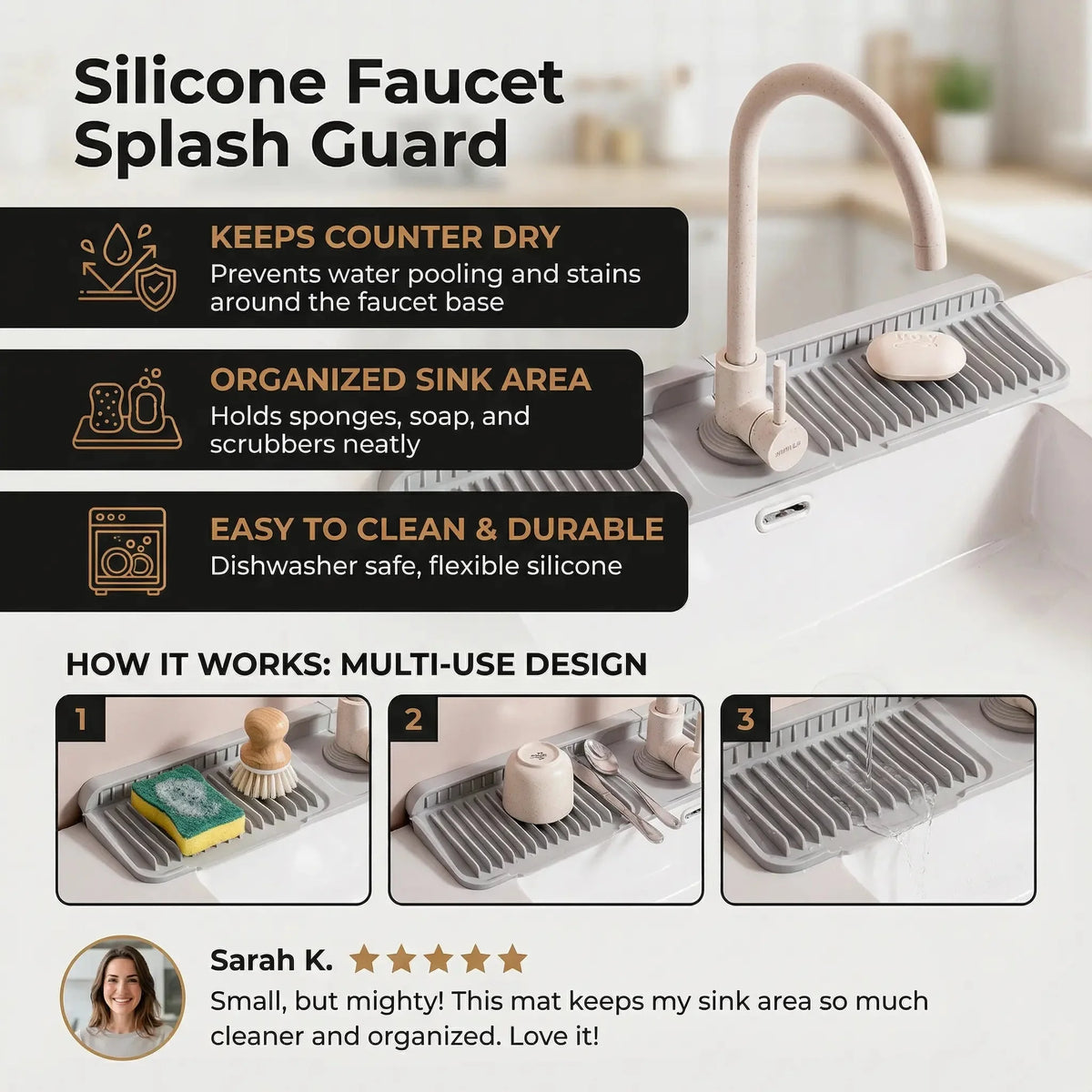 Sink Drip Mat Flexible Silicone Anti-Slip Dishwasher Safe