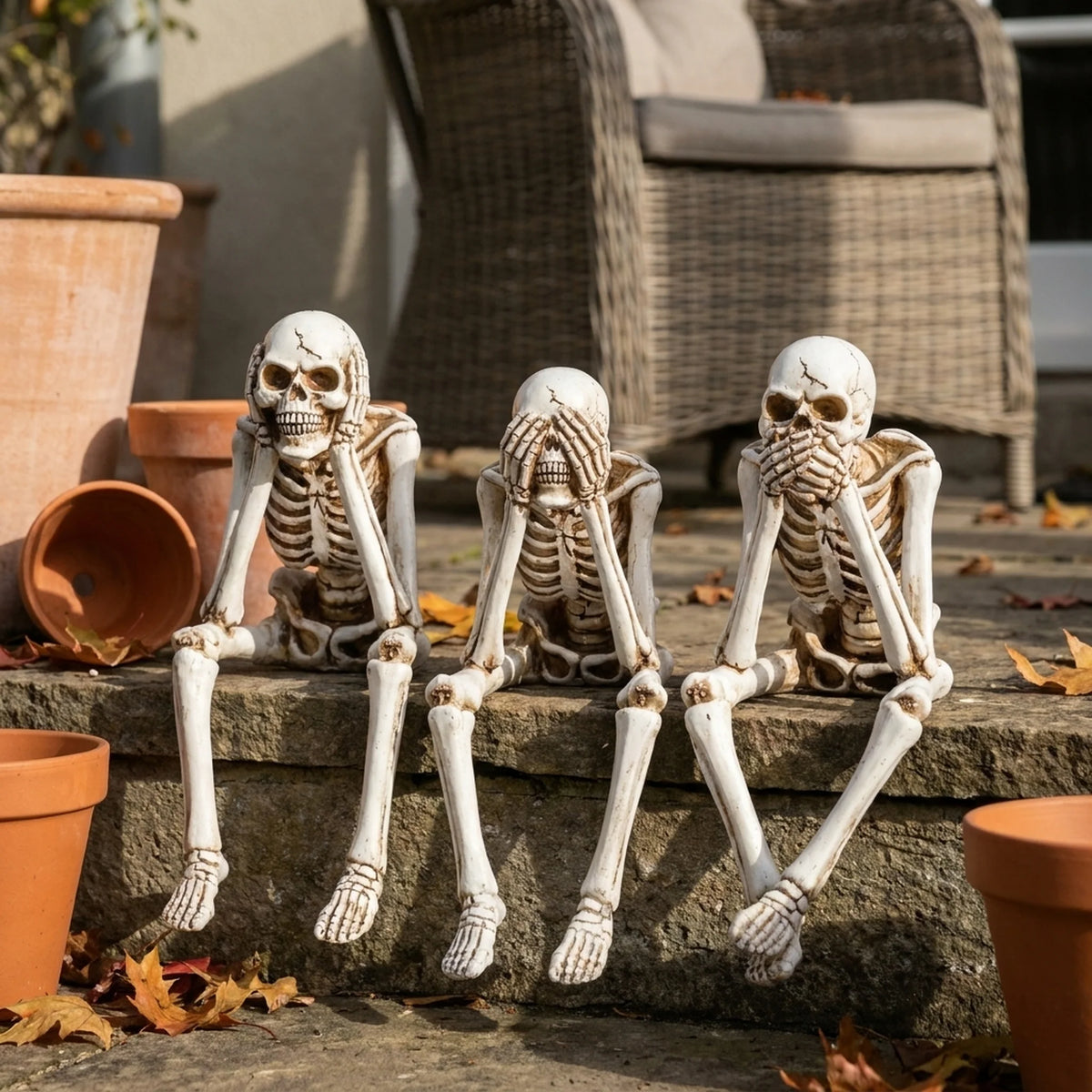Skeleton Figurine Set 3-Piece Resin Seated Poses