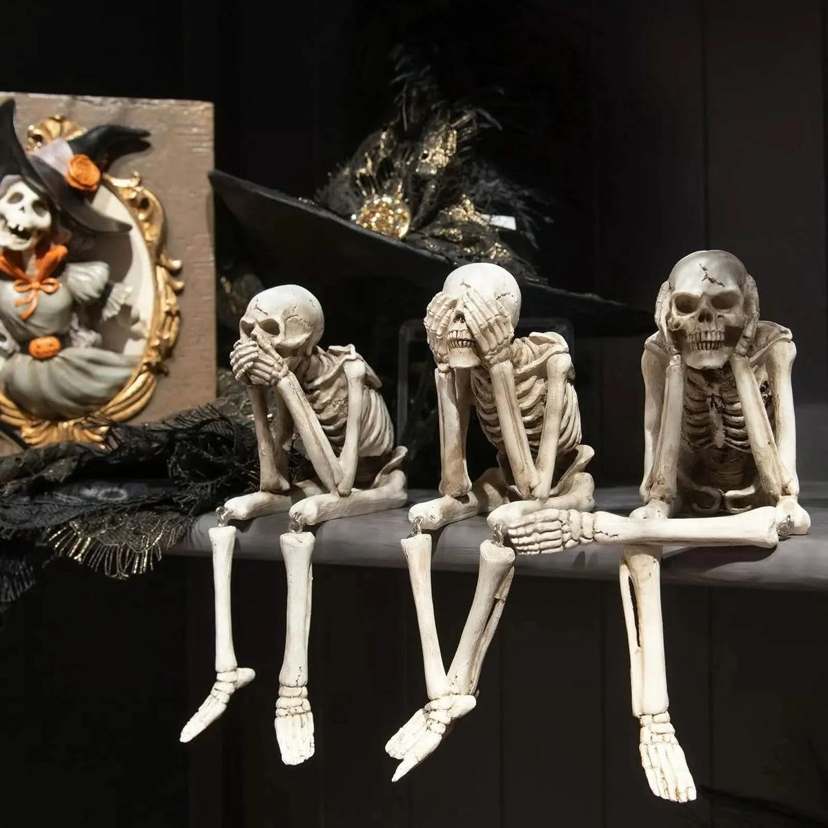 Skeleton Figurine Set 3-Piece Resin Seated Poses